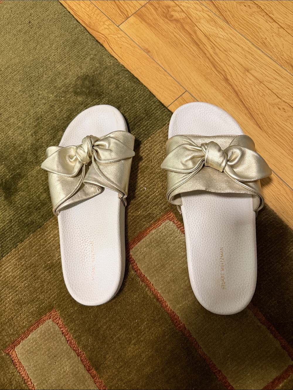 Stuart Weitzman Metallic Gold Bow Slide Sandals